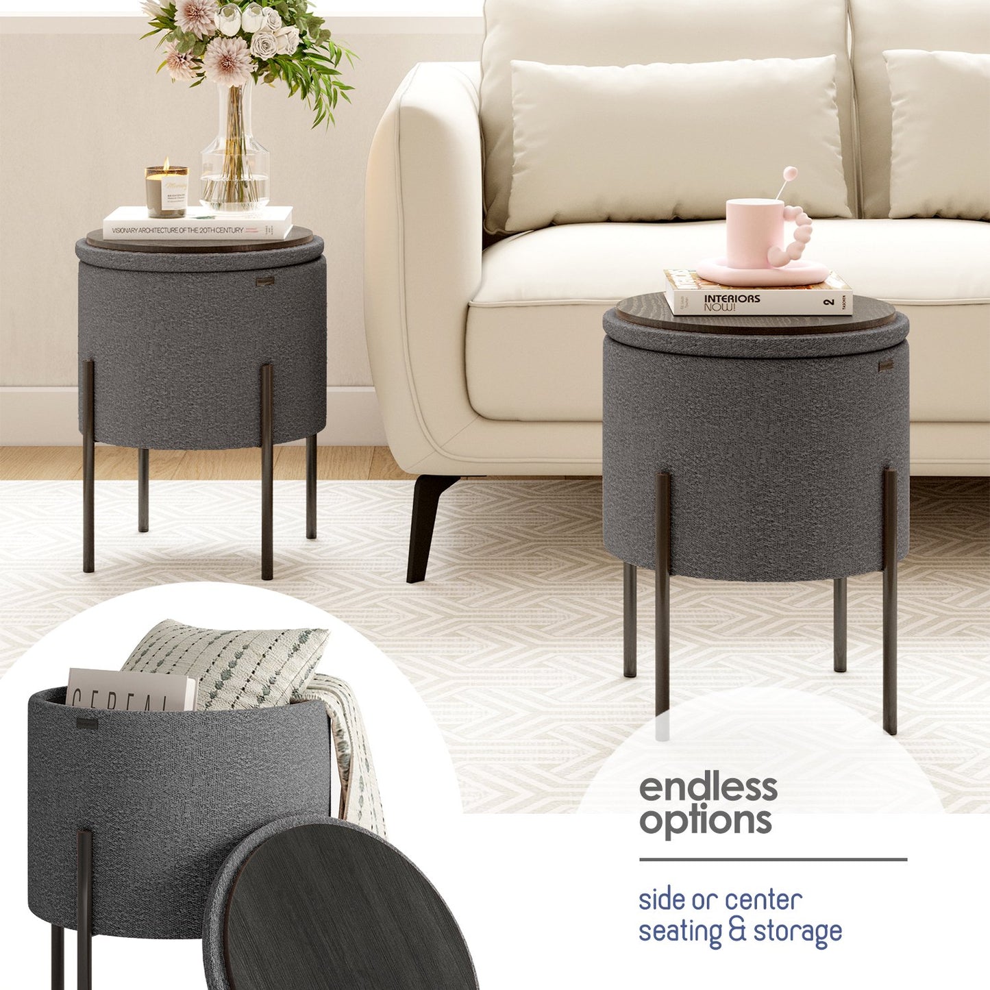 Ottoman with Storage, Foot Stool Storage Ottoman Round Boucle