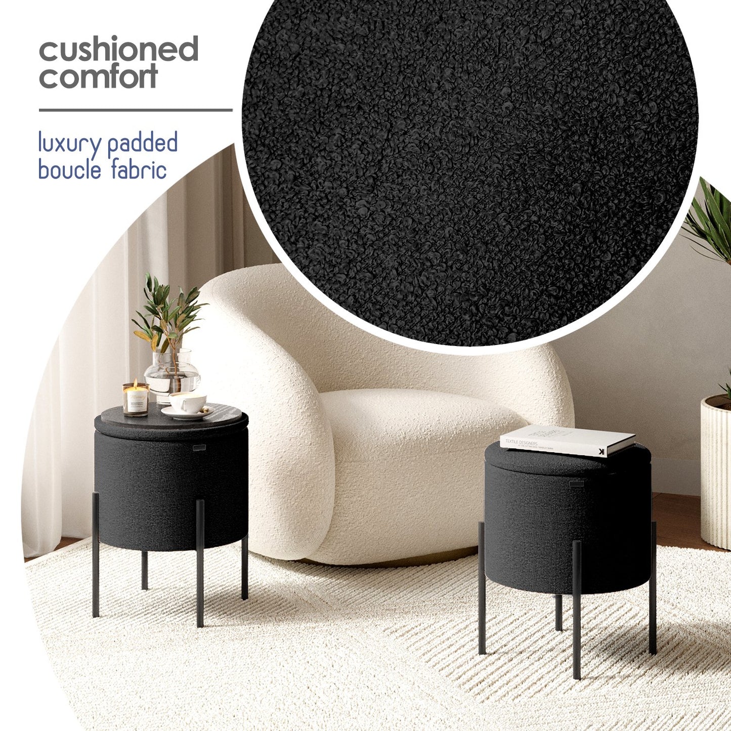 Ottoman with Storage, Foot Stool Storage Ottoman Round Boucle