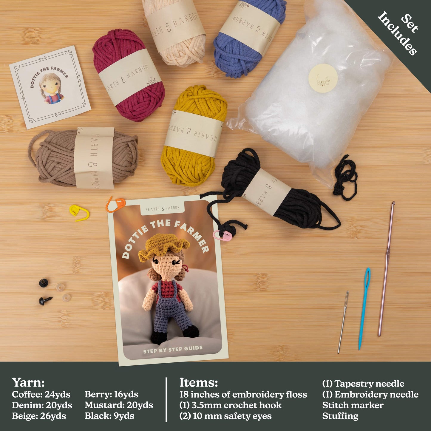 Complete crochet kit contents for Hearth & Harbor Farmhouse Crochet Kit – includes beginner-friendly yarn, crochet hook, safety eyes, pattern guide, and stuffing