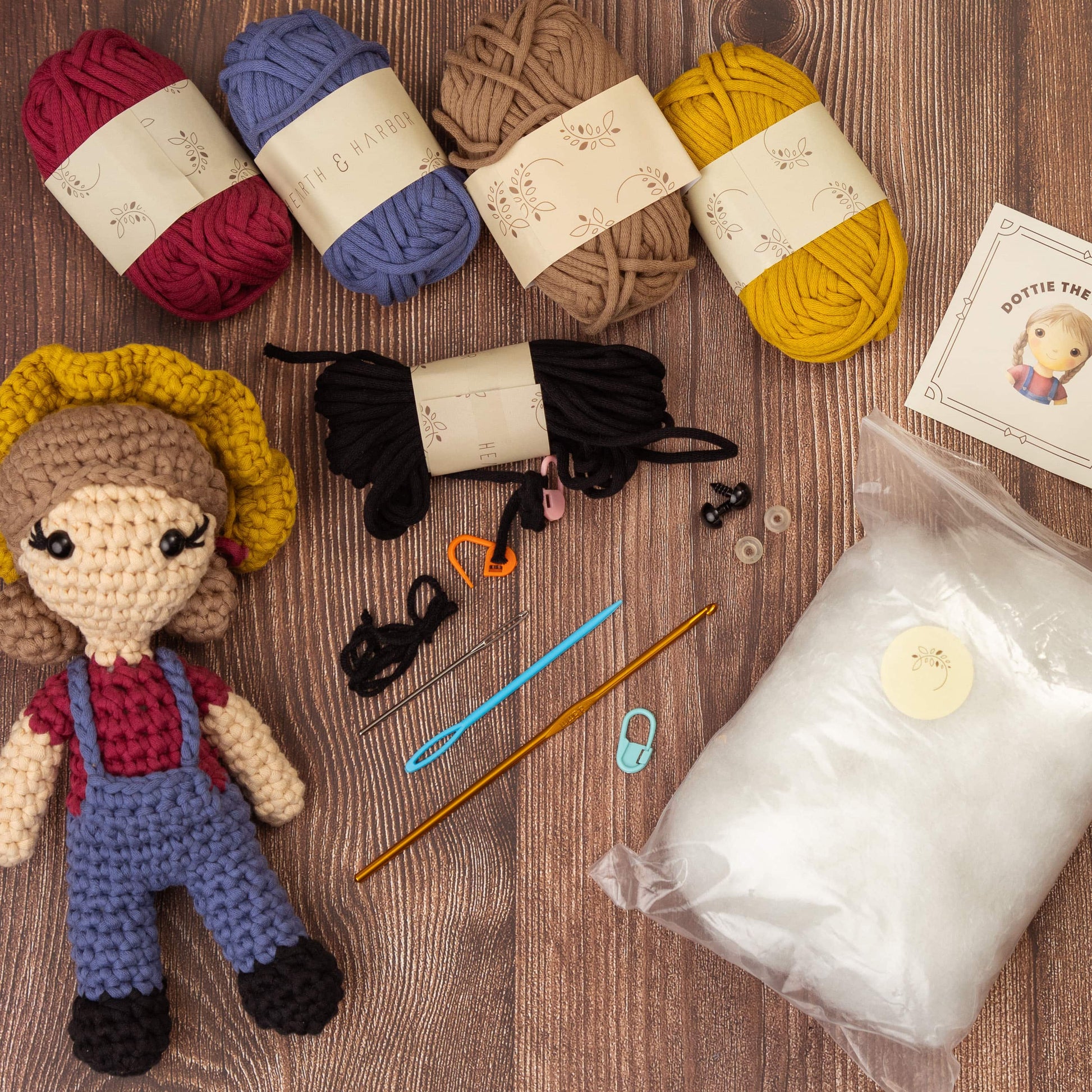 Complete crochet kit contents for Hearth & Harbor Farmhouse Crochet Kit – includes beginner-friendly yarn, crochet hook, safety eyes, pattern guide, and stuffing