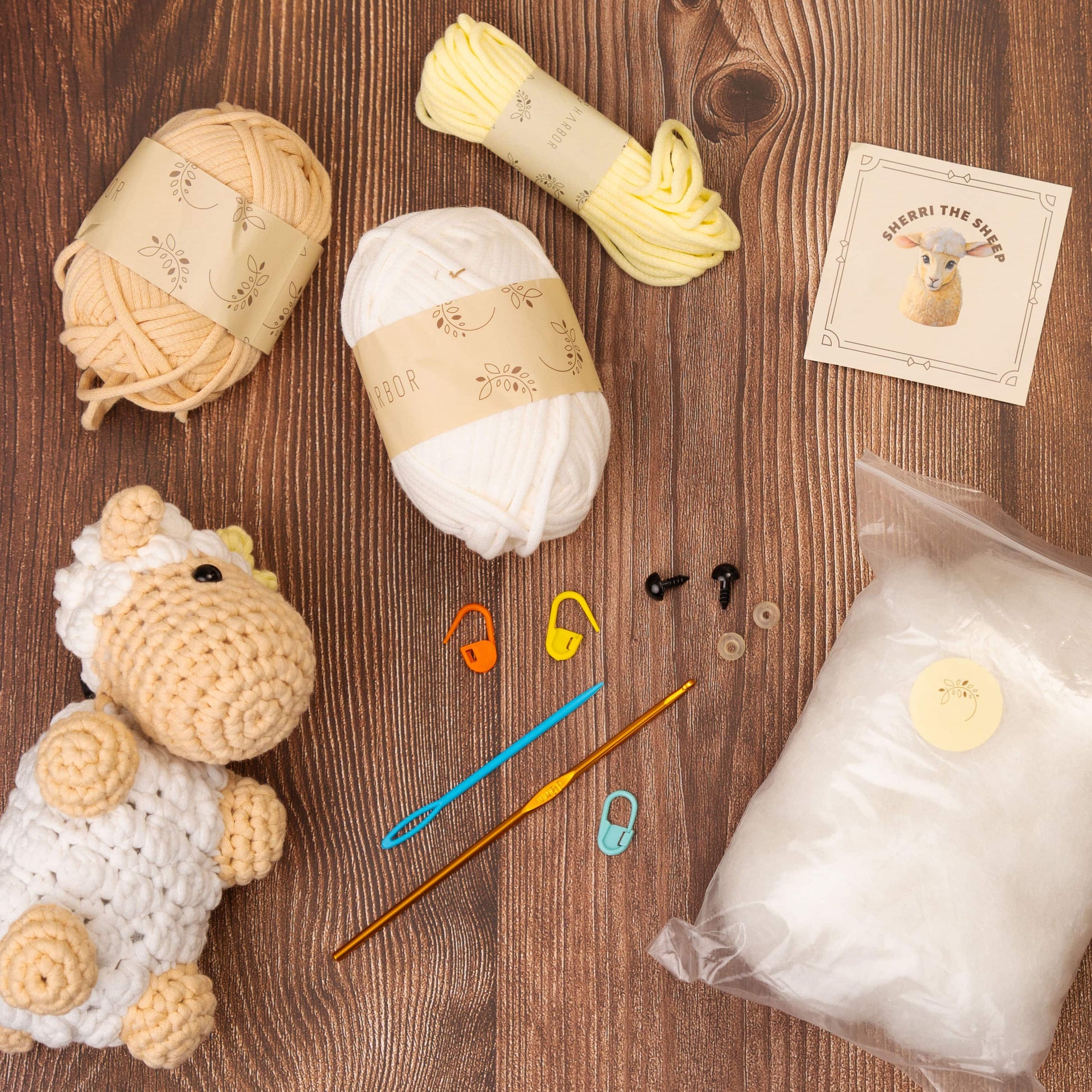 Complete crochet kit contents for Hearth & Harbor Farmhouse Crochet Kit – includes beginner-friendly yarn, crochet hook, safety eyes, pattern guide, and stuffing