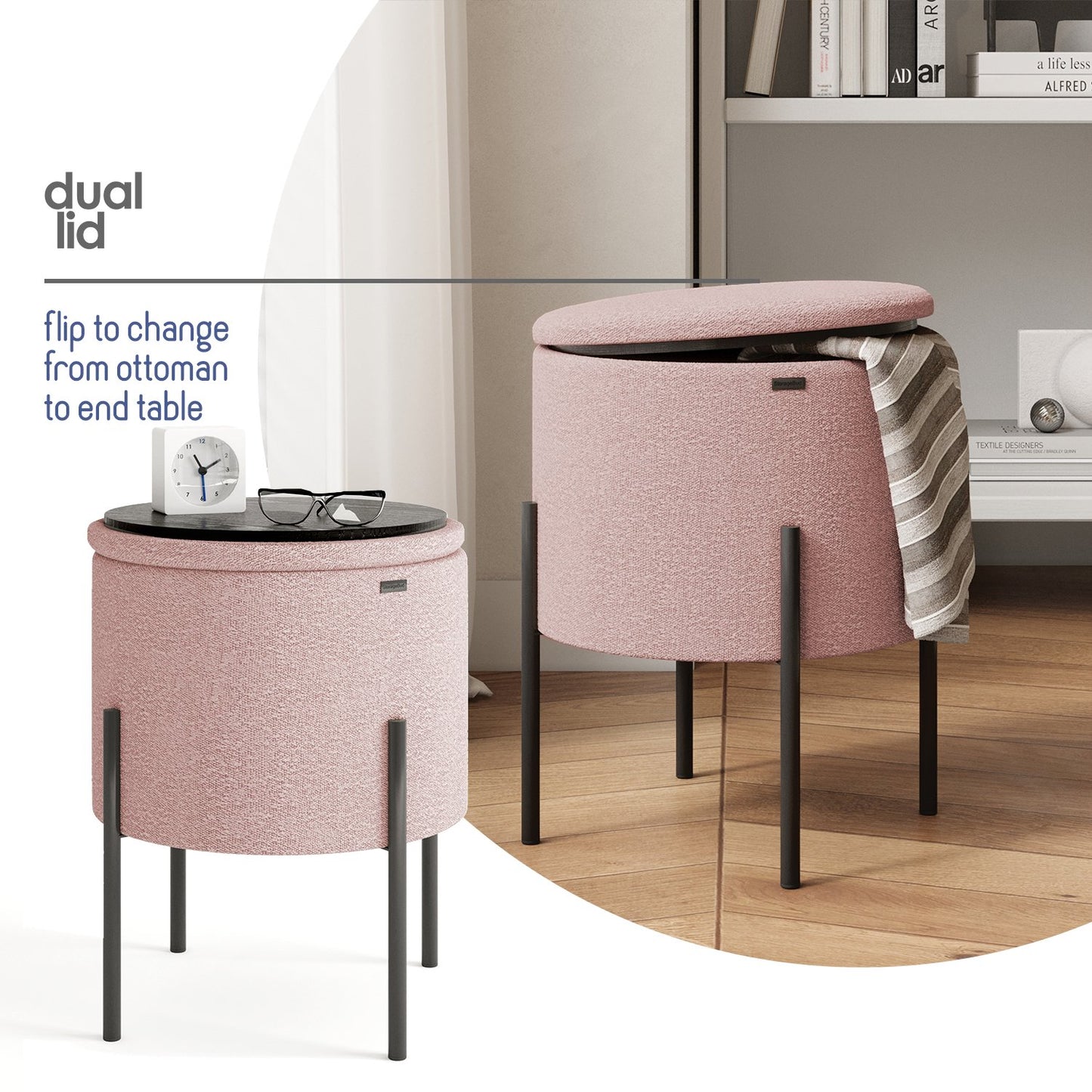 Ottoman with Storage, Foot Stool Storage Ottoman Round Boucle