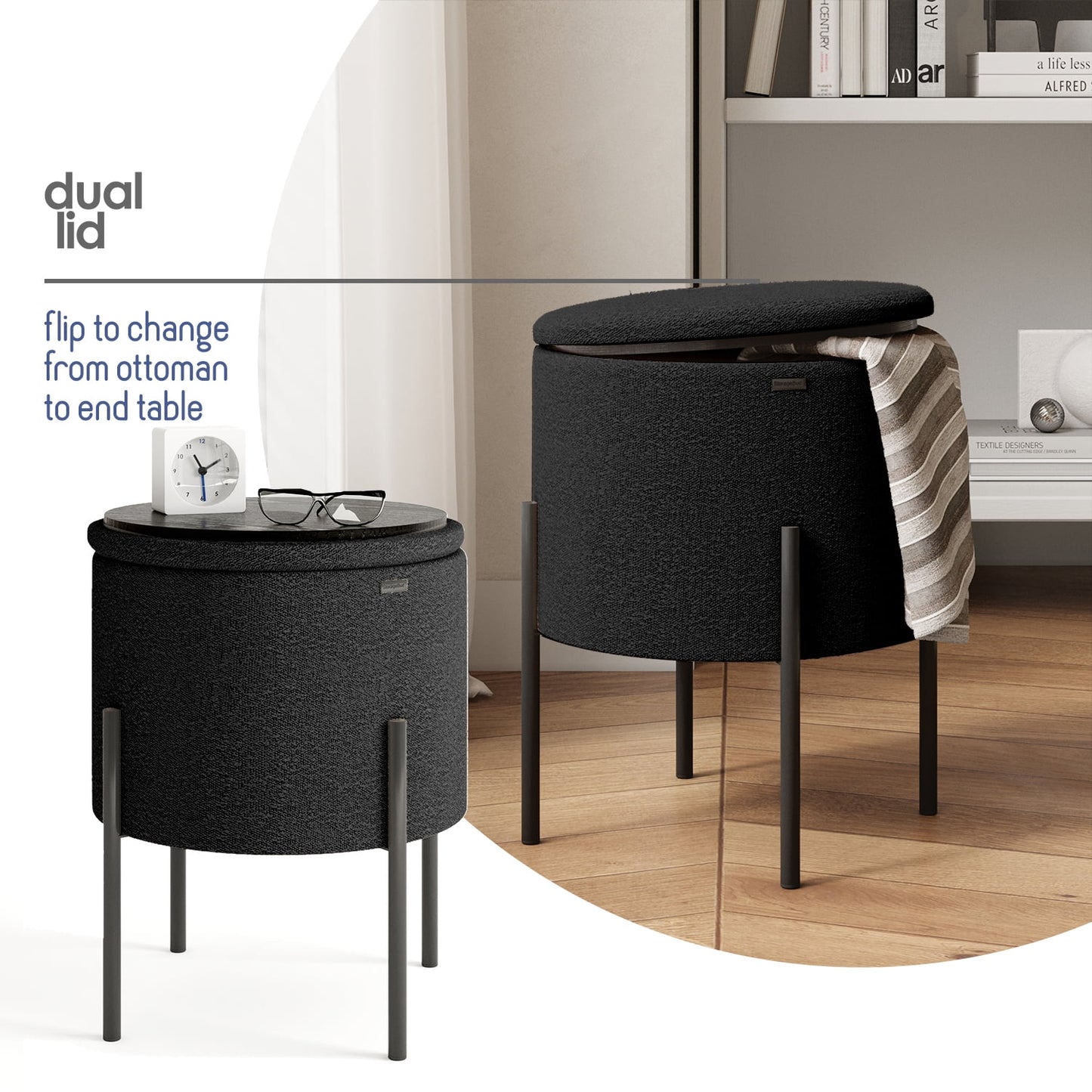 Ottoman with Storage, Foot Stool Storage Ottoman Round Boucle
