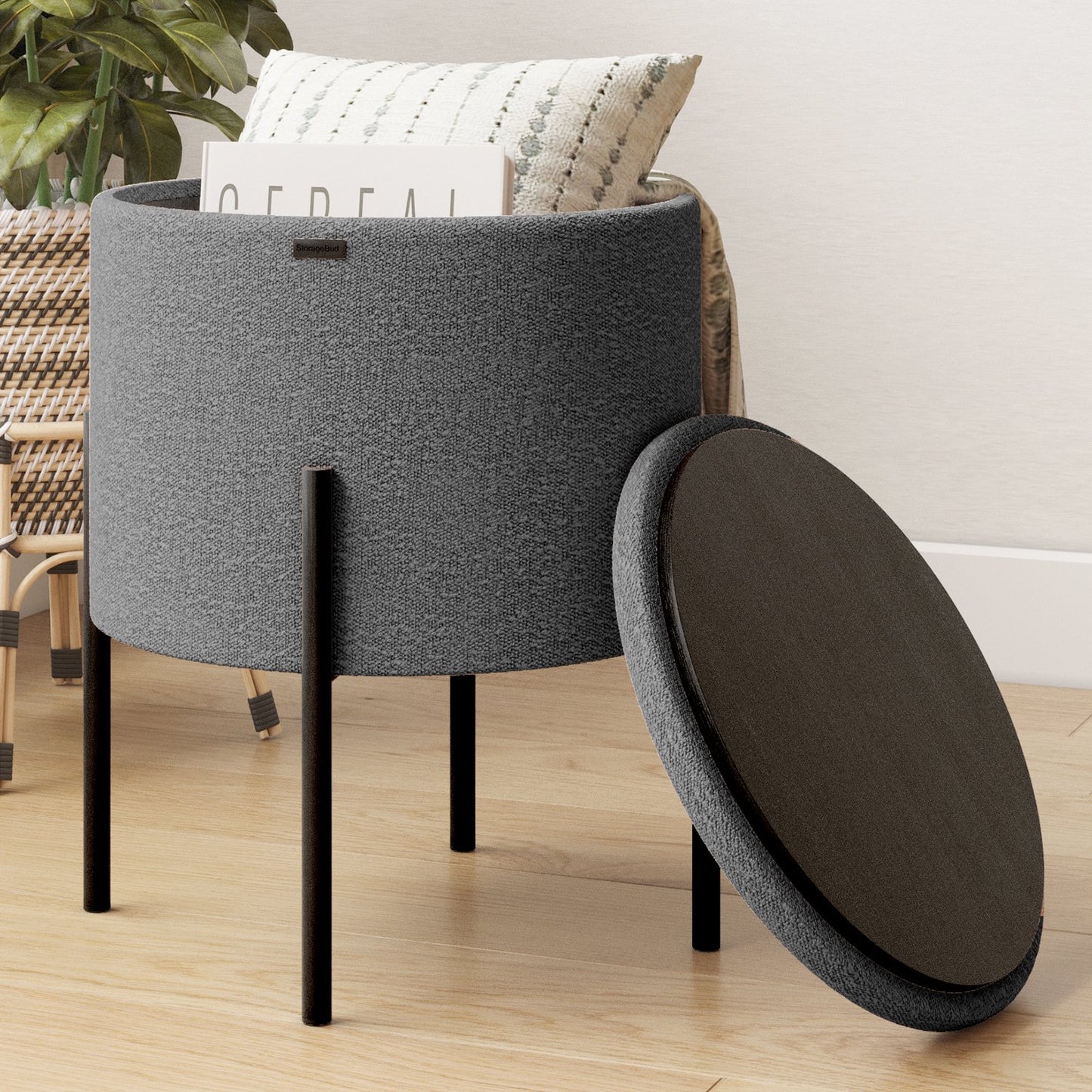 Ottoman with Storage, Foot Stool Storage Ottoman Round Boucle