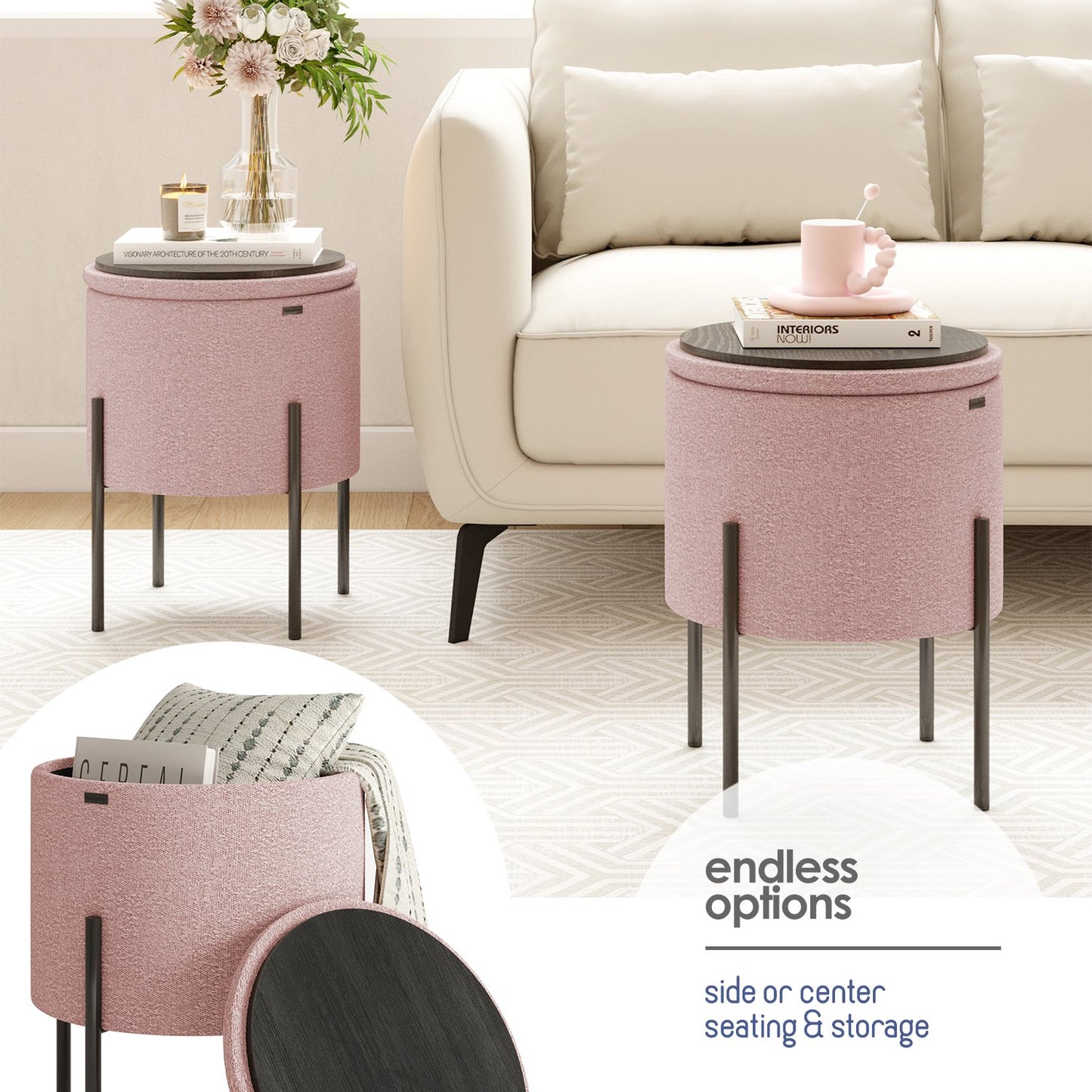 Ottoman with Storage, Foot Stool Storage Ottoman Round Boucle