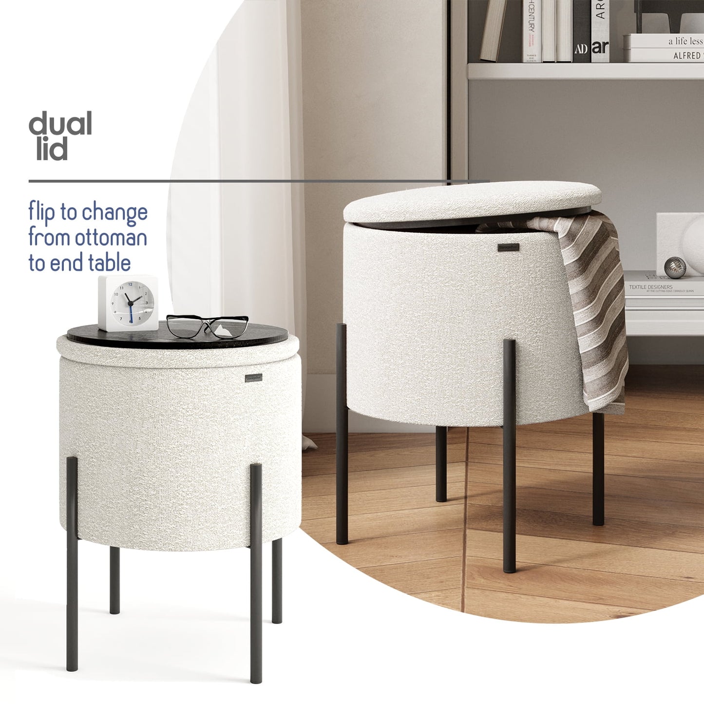 Ottoman with Storage, Foot Stool Storage Ottoman Round Boucle