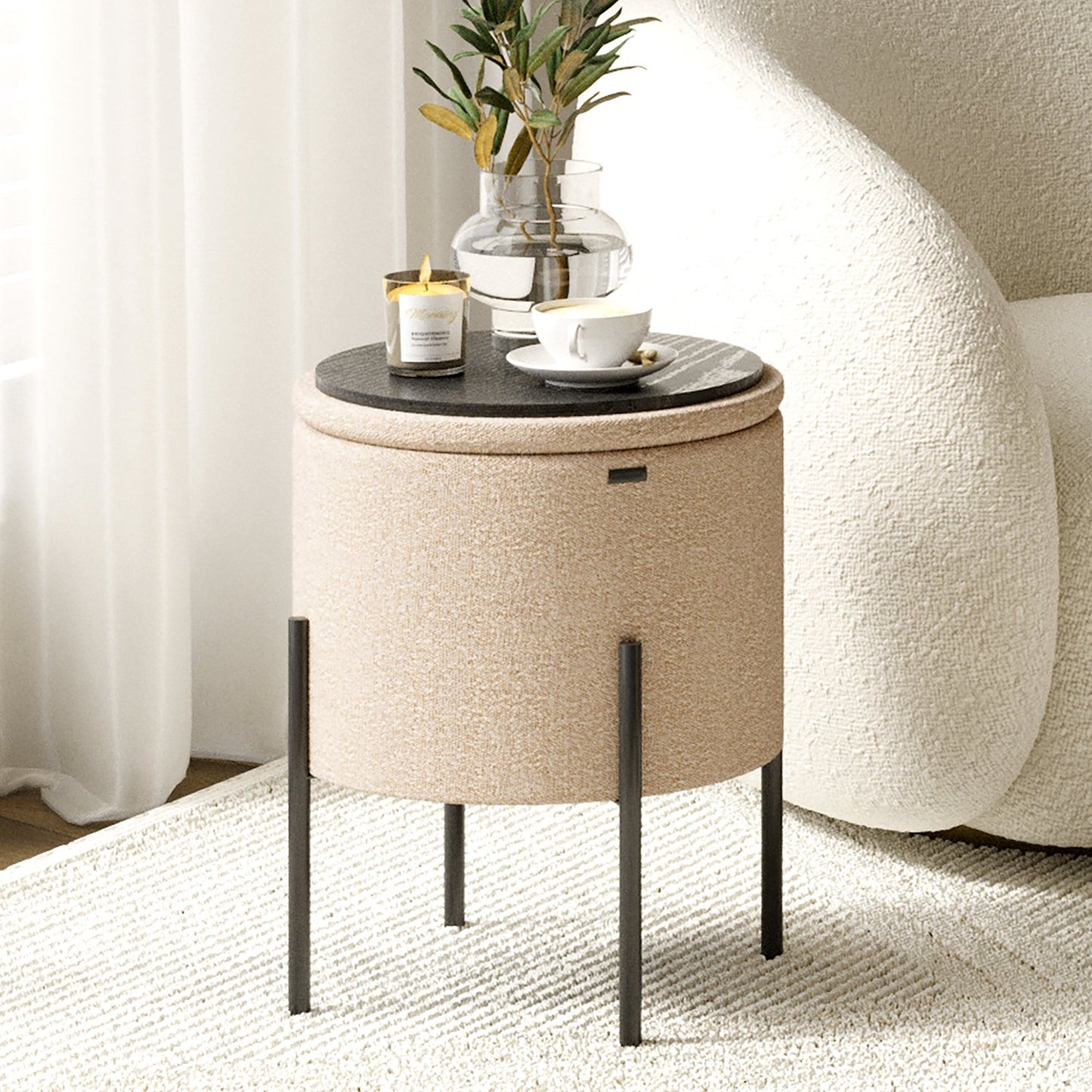 Ottoman with Storage, Foot Stool Storage Ottoman Round Boucle