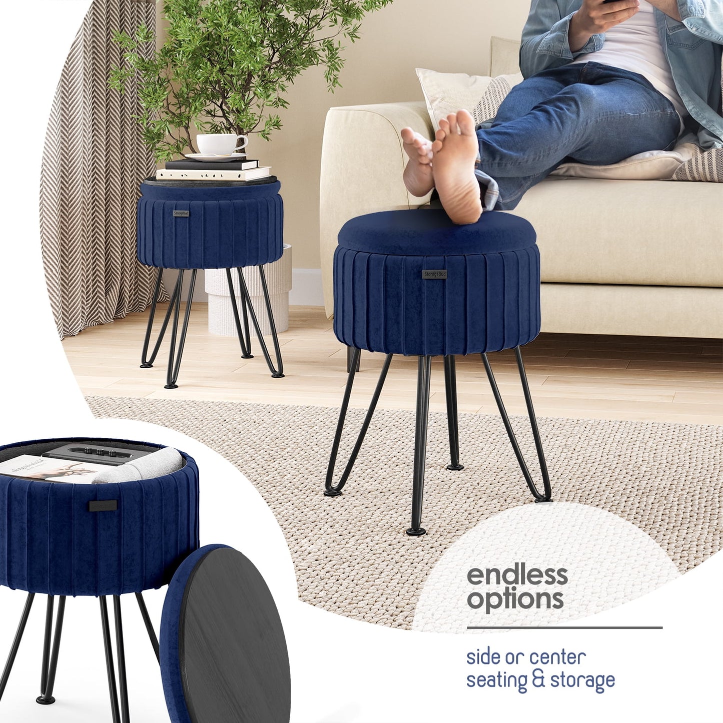 Round Ottoman with Storage Pleated Velvet
