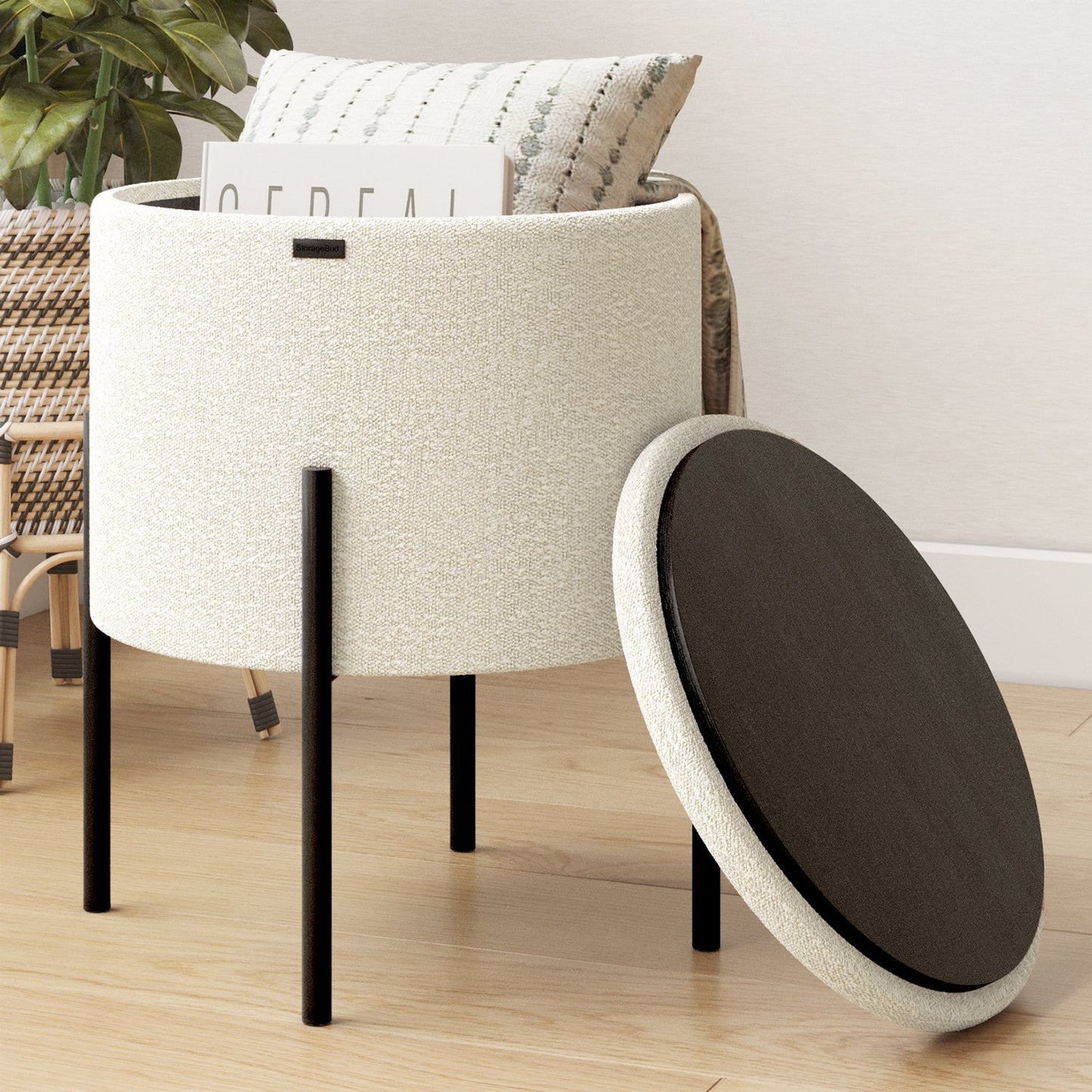 Ottoman with Storage, Foot Stool Storage Ottoman Round Boucle