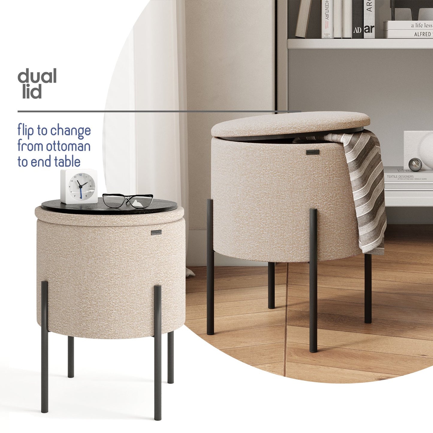 Ottoman with Storage, Foot Stool Storage Ottoman Round Boucle