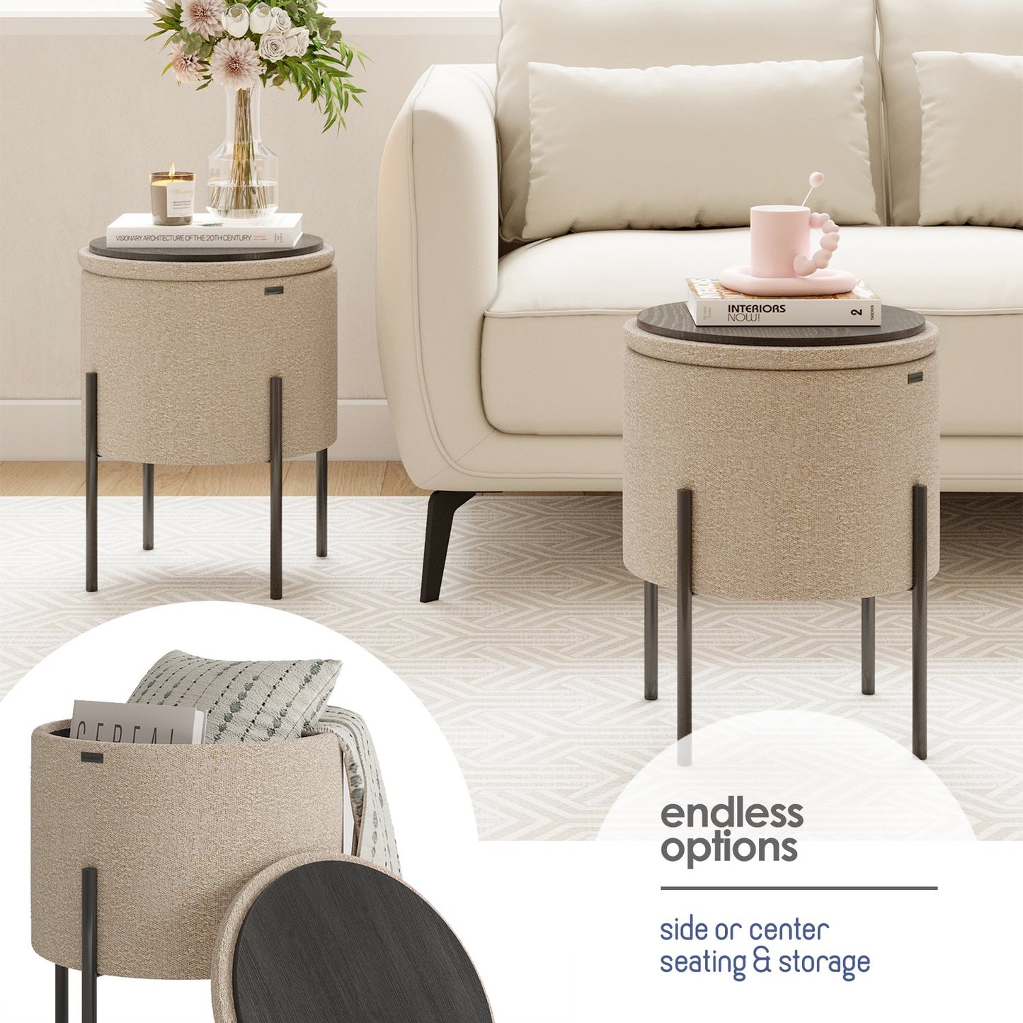Ottoman with Storage, Foot Stool Storage Ottoman Round Boucle