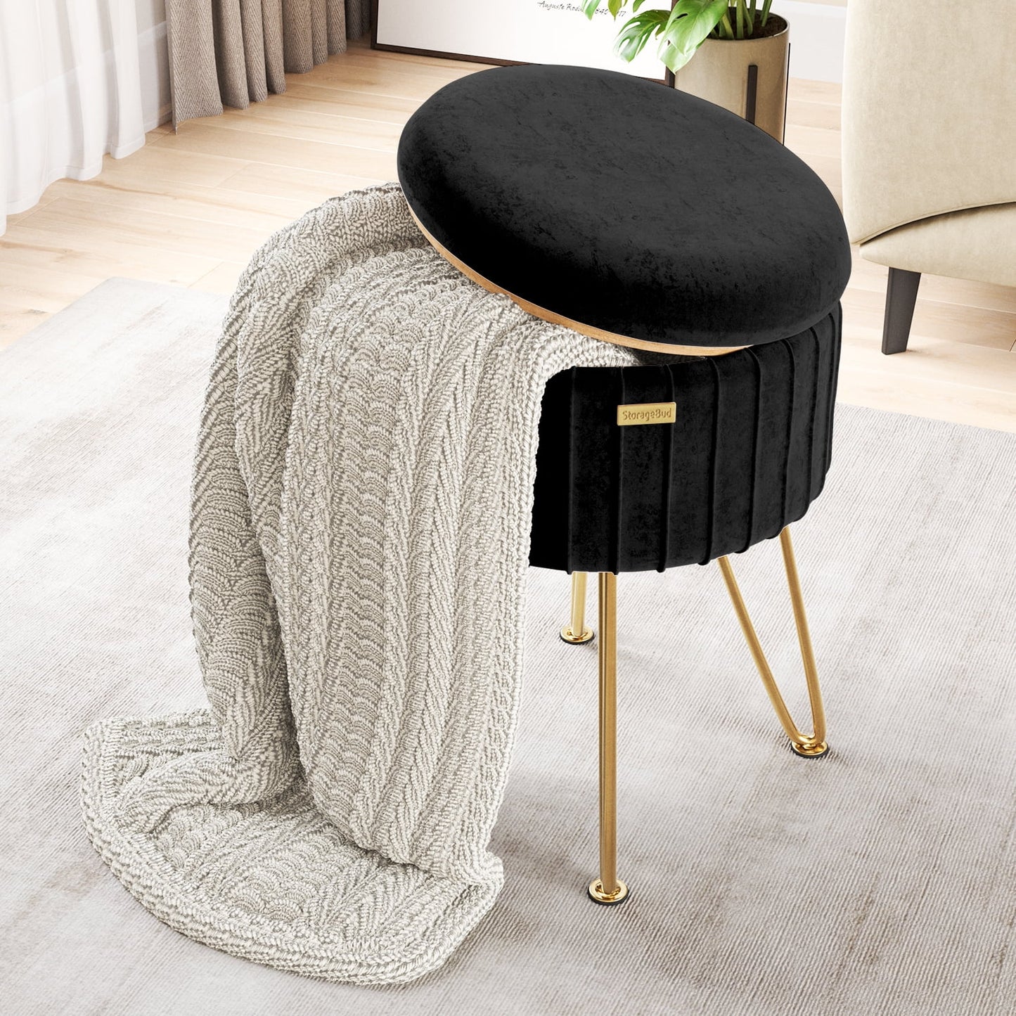 Round Ottoman with Storage Pleated Velvet