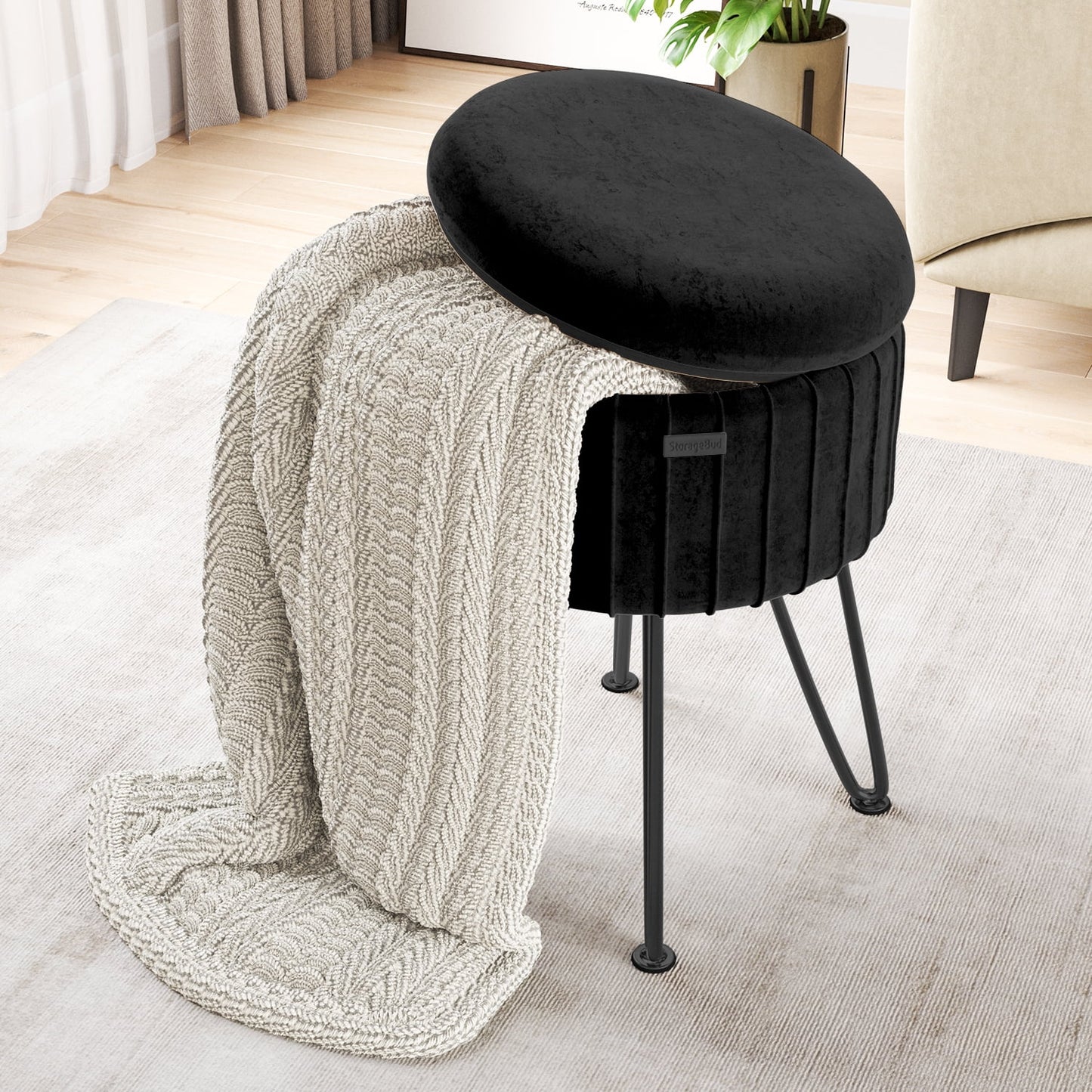 Round Ottoman with Storage Pleated Velvet