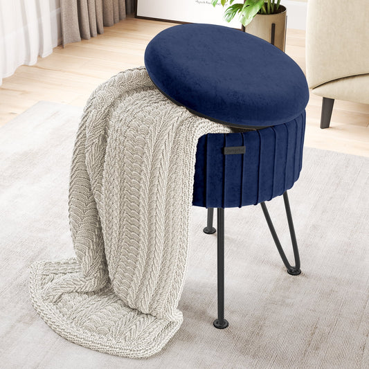 Round Ottoman with Storage Pleated Velvet