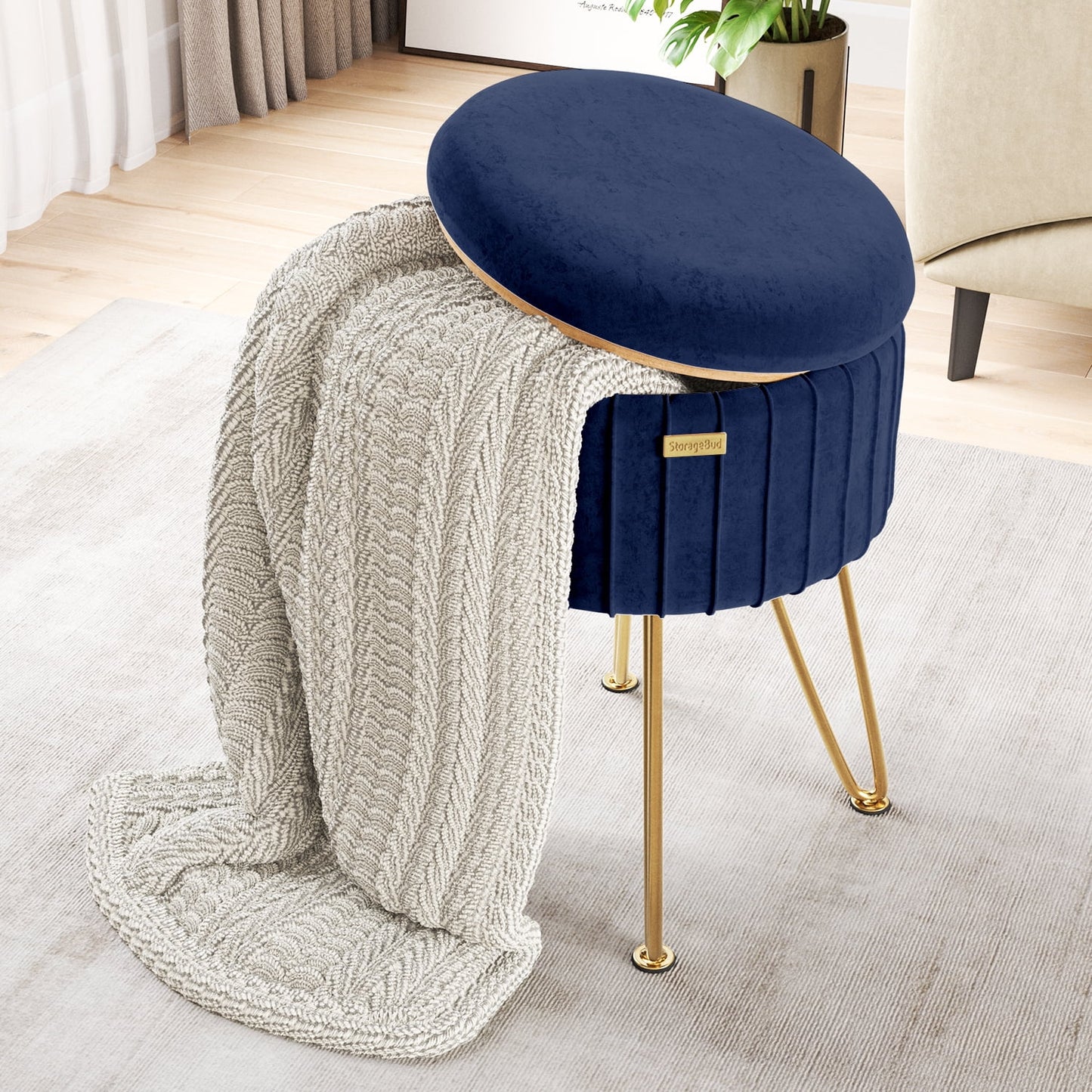 Round Ottoman with Storage Pleated Velvet