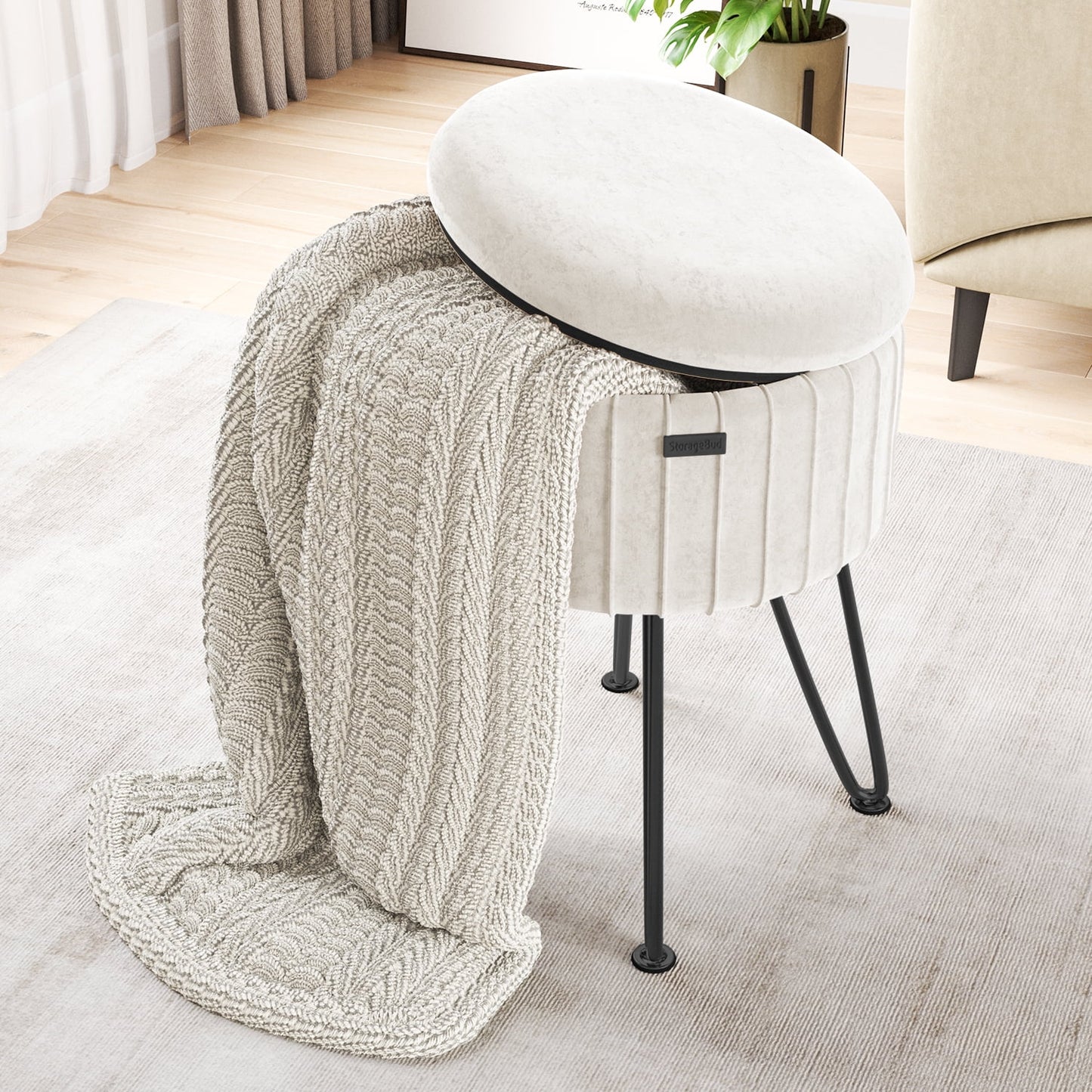 Round Ottoman with Storage Pleated Velvet