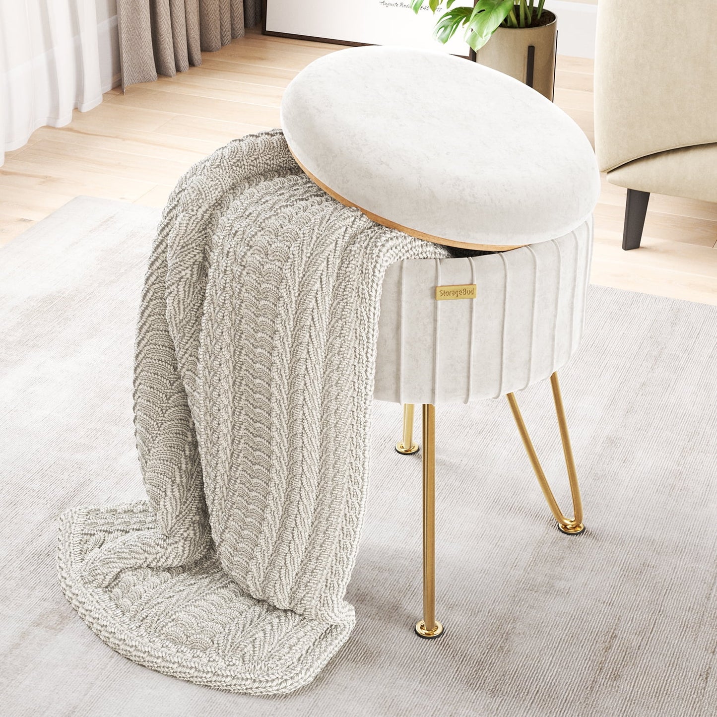 Round Ottoman with Storage Pleated Velvet