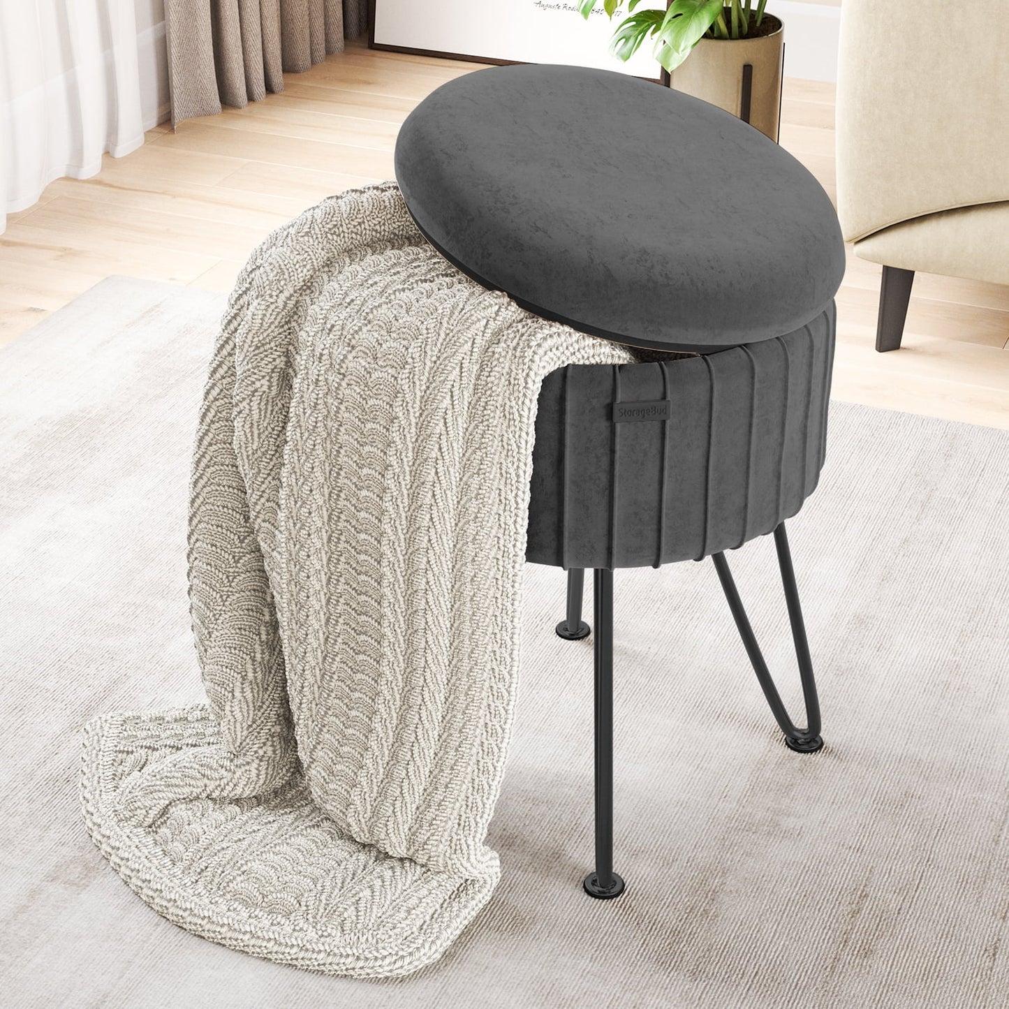 Round Ottoman with Storage Pleated Velvet