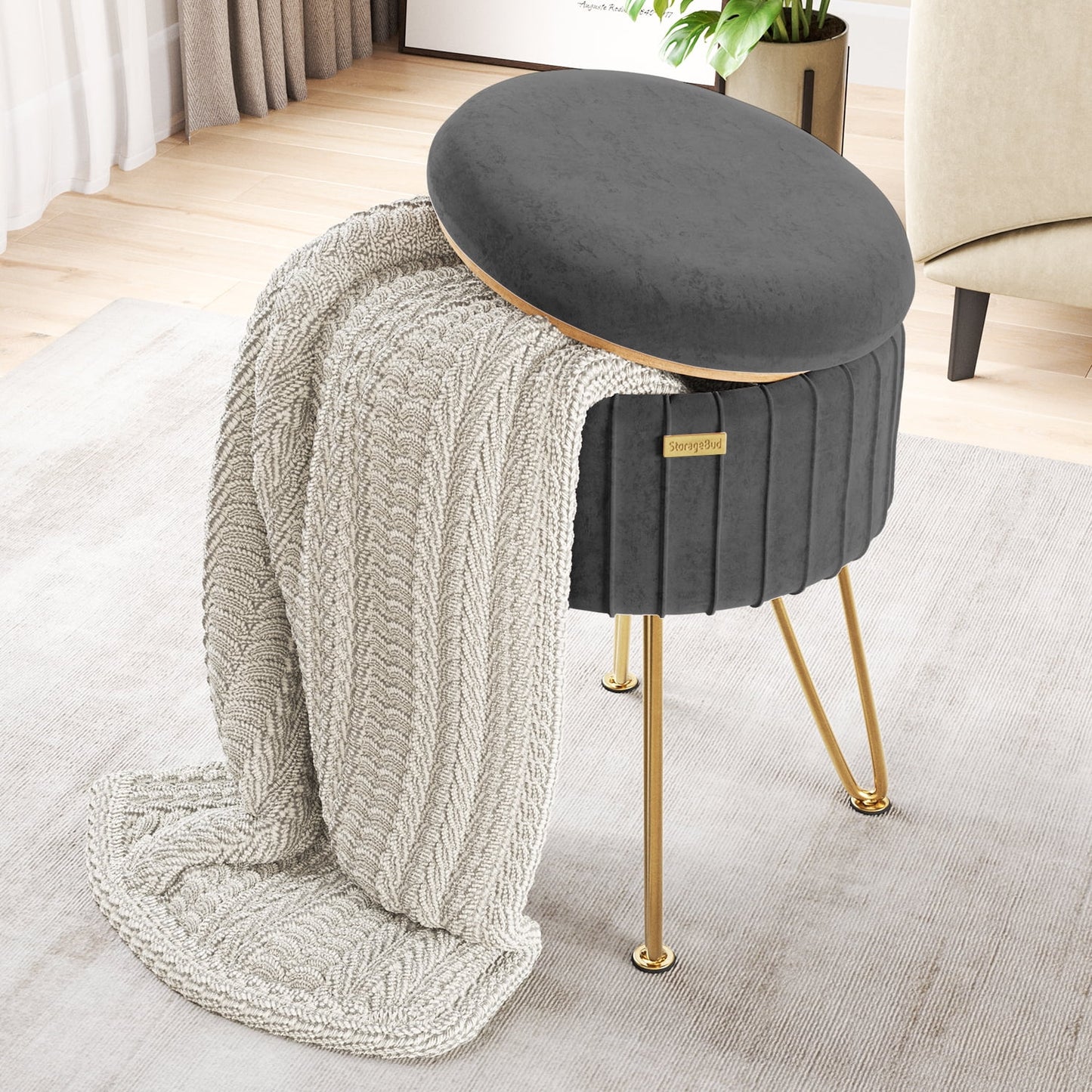 Round Ottoman with Storage Pleated Velvet