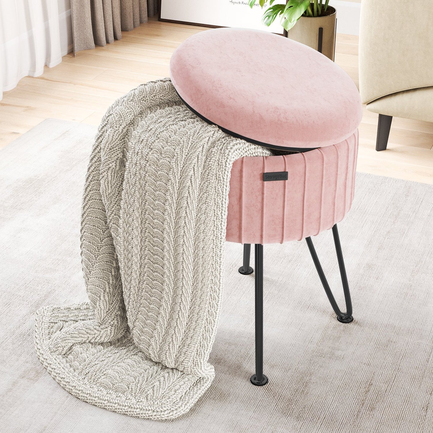 Round Ottoman with Storage Pleated Velvet