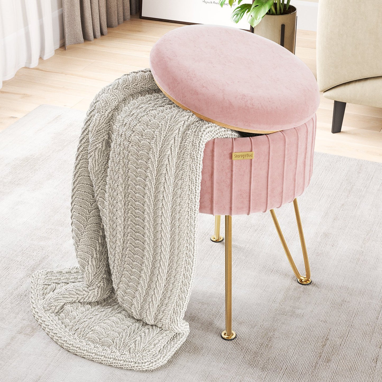 Round Ottoman with Storage Pleated Velvet