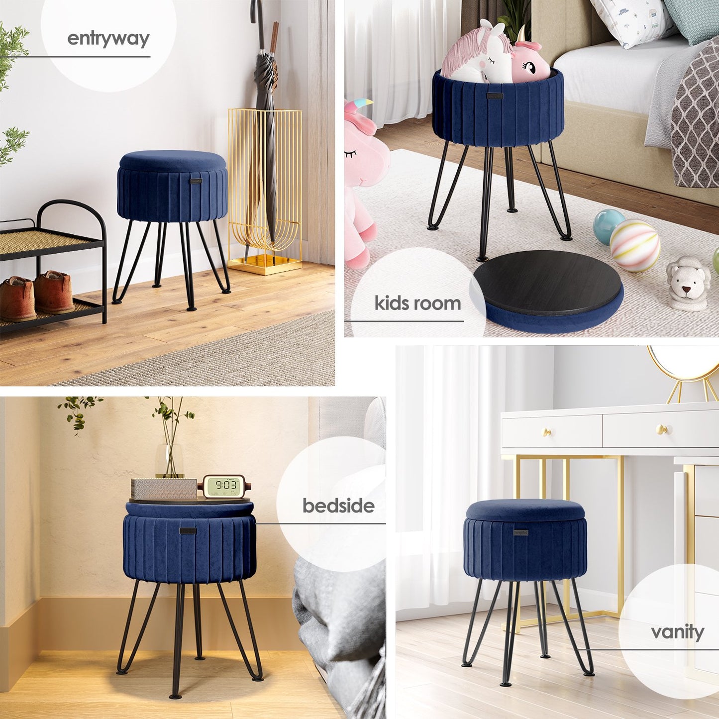 Round Ottoman with Storage Pleated Velvet