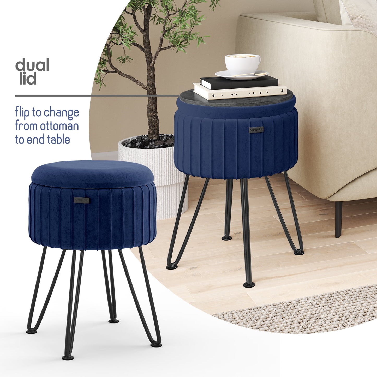 Round Ottoman with Storage Pleated Velvet