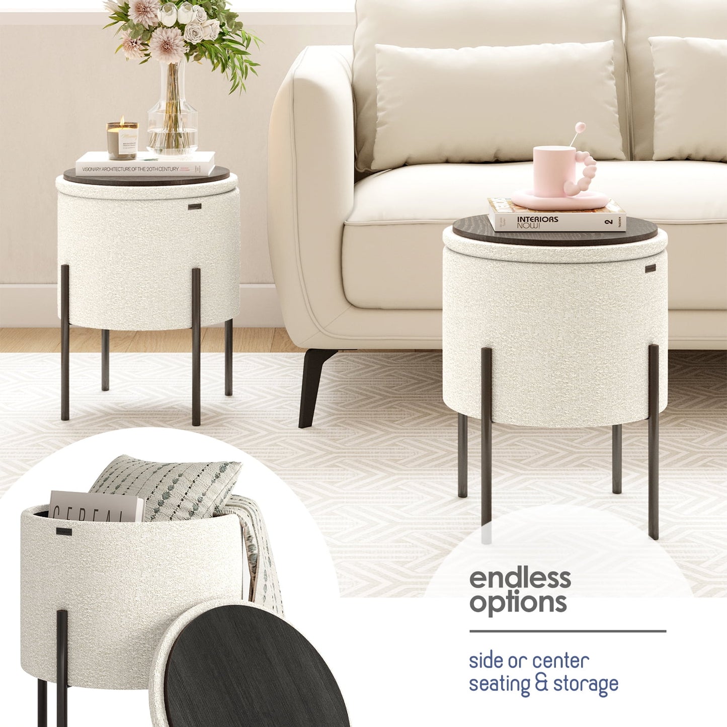 Ottoman with Storage, Foot Stool Storage Ottoman Round Boucle
