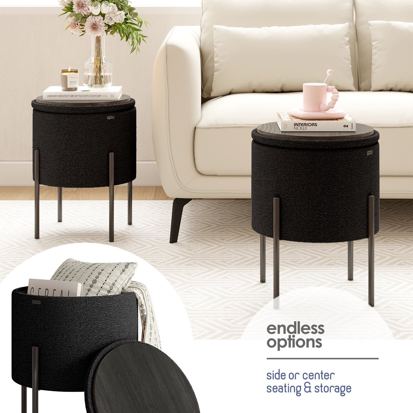 Ottoman with Storage, Foot Stool Storage Ottoman Round Boucle