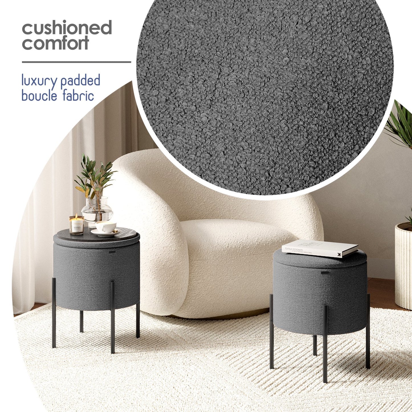 Ottoman with Storage, Foot Stool Storage Ottoman Round Boucle