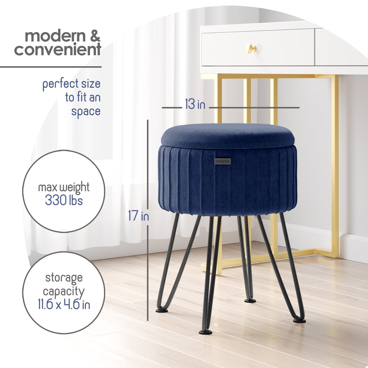 Round Ottoman with Storage Pleated Velvet