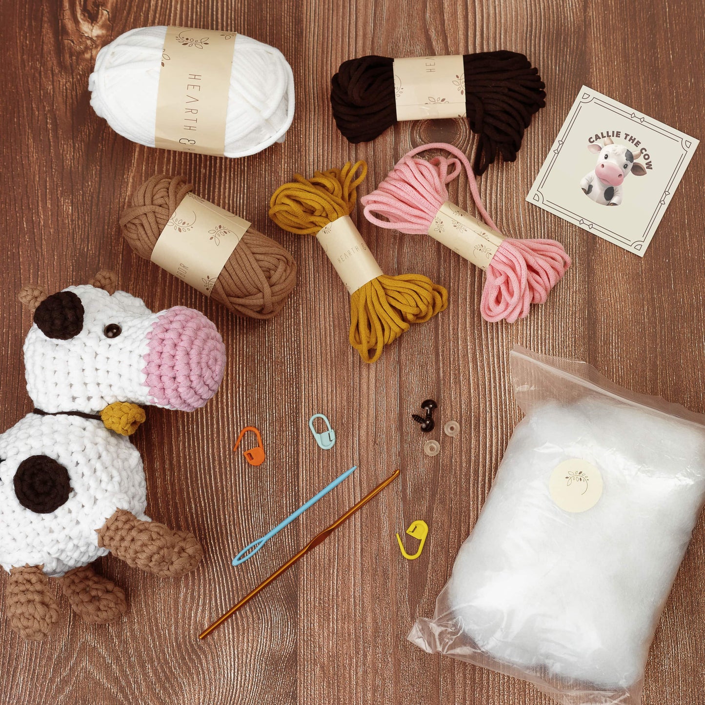 Complete crochet kit contents for Hearth & Harbor Farmhouse Crochet Kit – includes beginner-friendly yarn, crochet hook, safety eyes, pattern guide, and stuffing