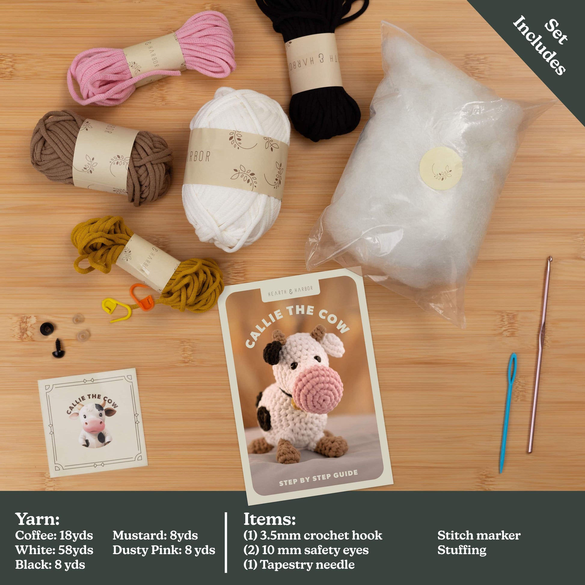 Complete crochet kit contents for Hearth & Harbor Farmhouse Crochet Kit – includes beginner-friendly yarn, crochet hook, safety eyes, pattern guide, and stuffing