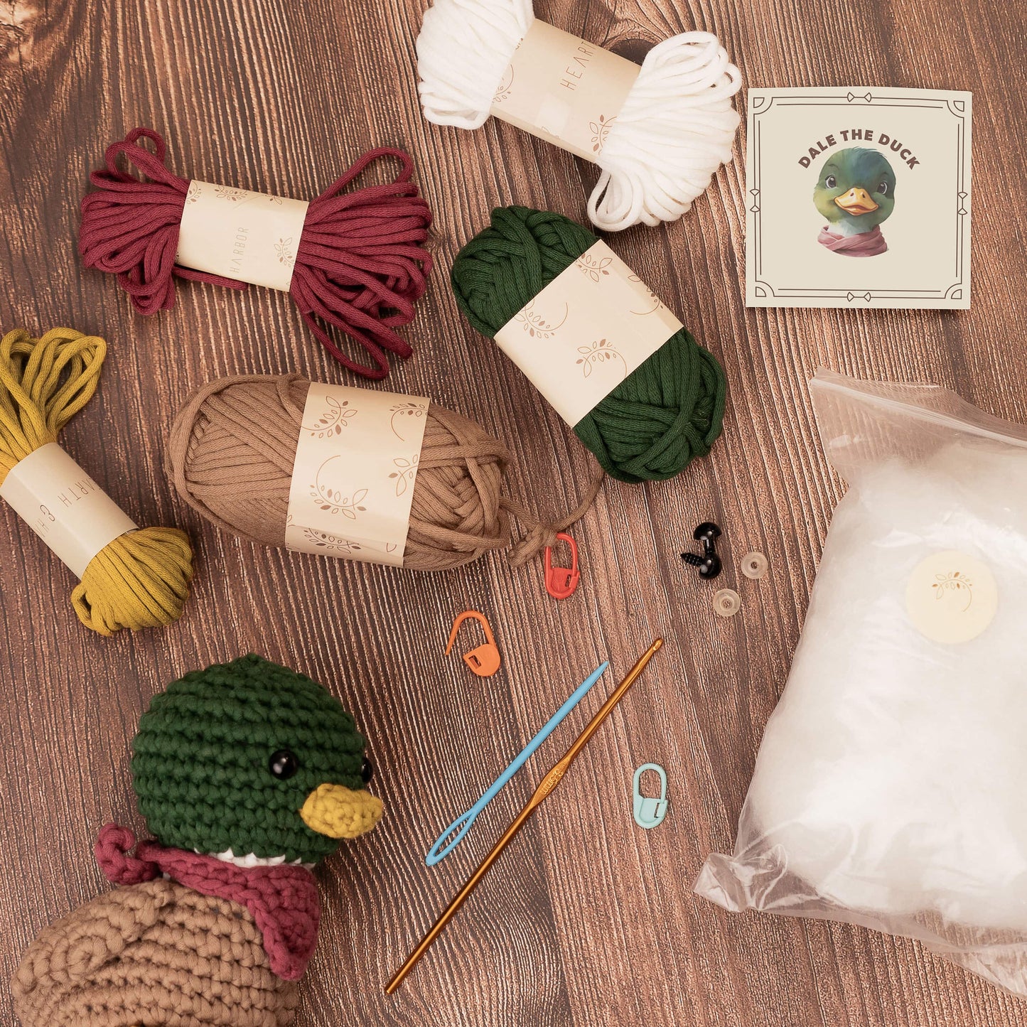 Complete crochet kit contents for Hearth & Harbor Farmhouse Crochet Kit – includes beginner-friendly yarn, crochet hook, safety eyes, pattern guide, and stuffing