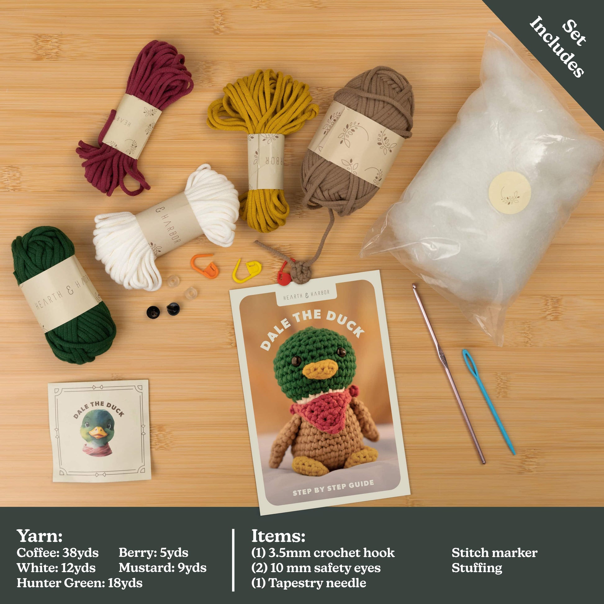 Complete crochet kit contents for Hearth & Harbor Farmhouse Crochet Kit – includes beginner-friendly yarn, crochet hook, safety eyes, pattern guide, and stuffing