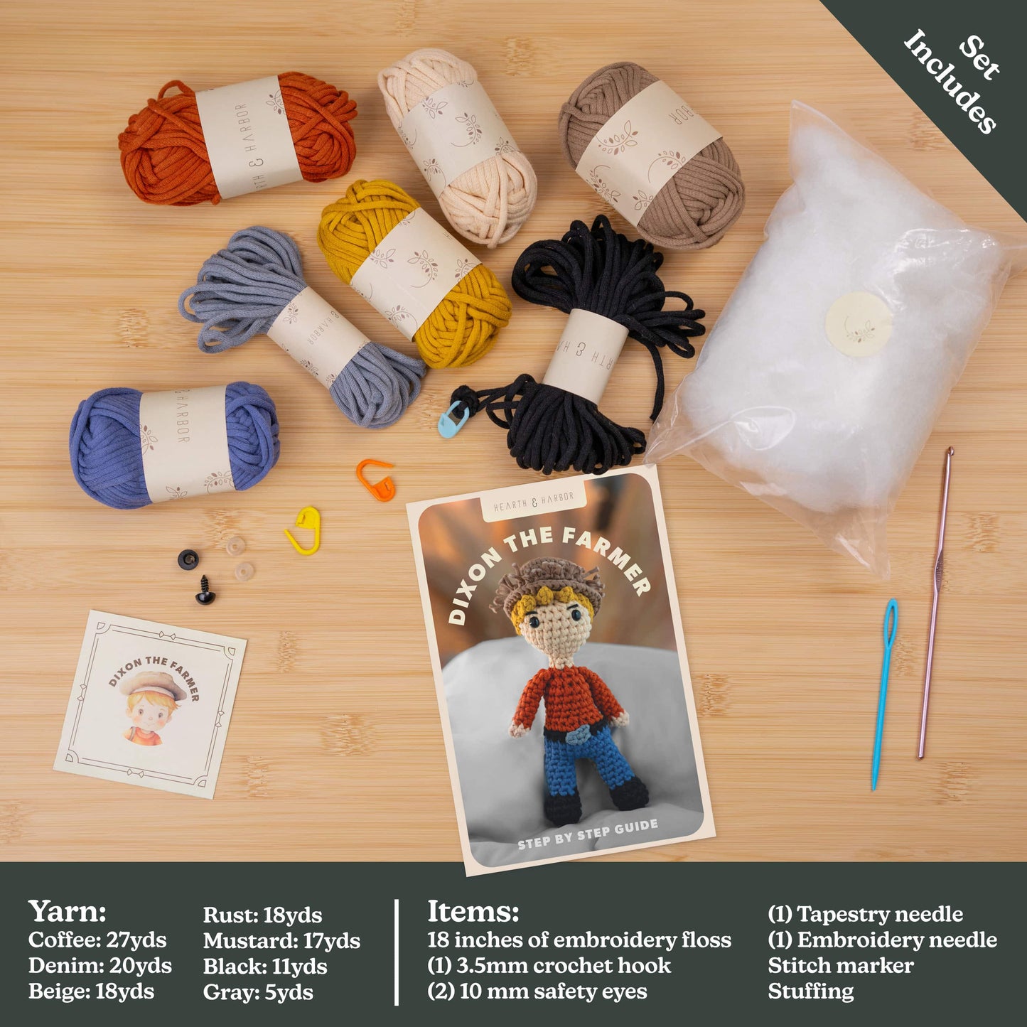 Complete crochet kit contents for Hearth & Harbor Farmhouse Crochet Kit – includes beginner-friendly yarn, crochet hook, safety eyes, pattern guide, and stuffing