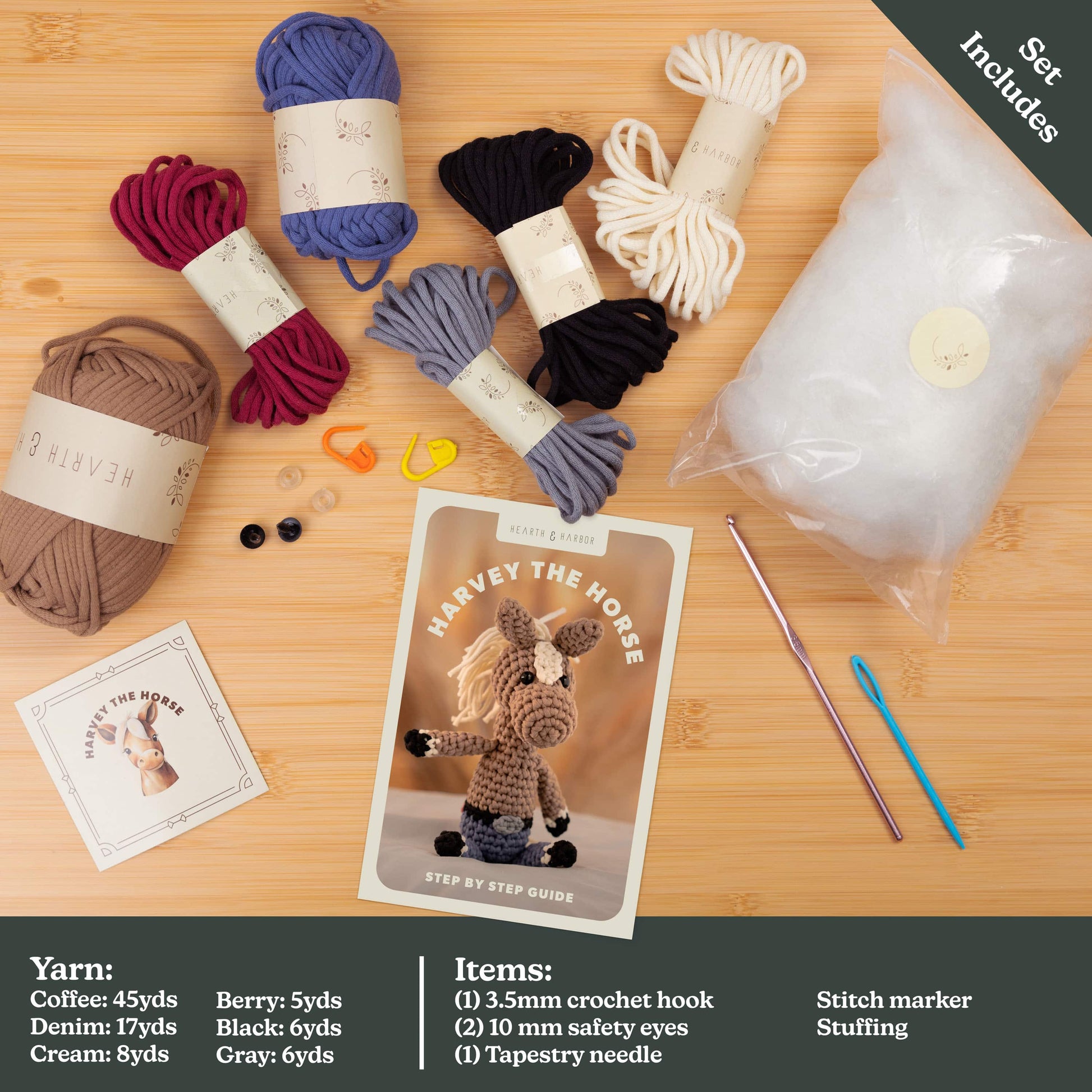 Complete crochet kit contents for Hearth & Harbor Farmhouse Crochet Kit – includes beginner-friendly yarn, crochet hook, safety eyes, pattern guide, and stuffing