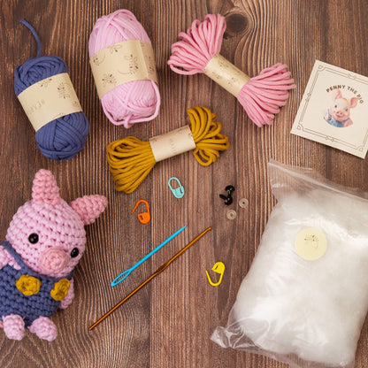 Complete crochet kit contents for Hearth & Harbor Farmhouse Crochet Kit – includes beginner-friendly yarn, crochet hook, safety eyes, pattern guide, and stuffing