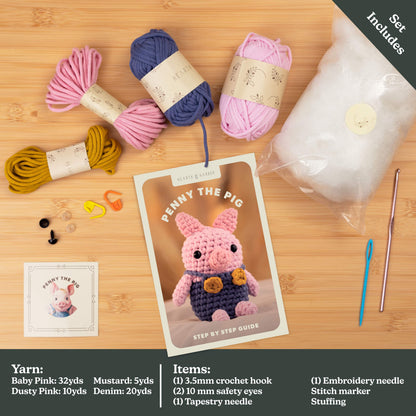 Complete crochet kit contents for Hearth & Harbor Farmhouse Crochet Kit – includes beginner-friendly yarn, crochet hook, safety eyes, pattern guide, and stuffing