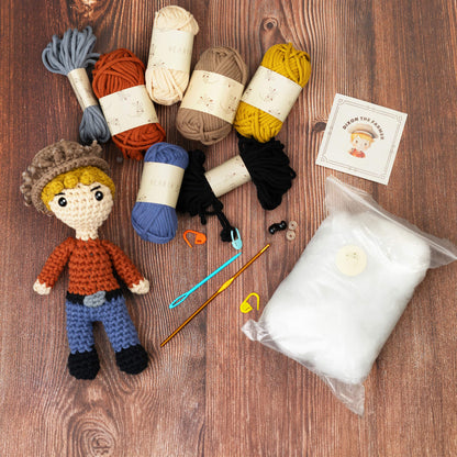 Complete crochet kit contents for Hearth & Harbor Farmhouse Crochet Kit – includes beginner-friendly yarn, crochet hook, safety eyes, pattern guide, and stuffing