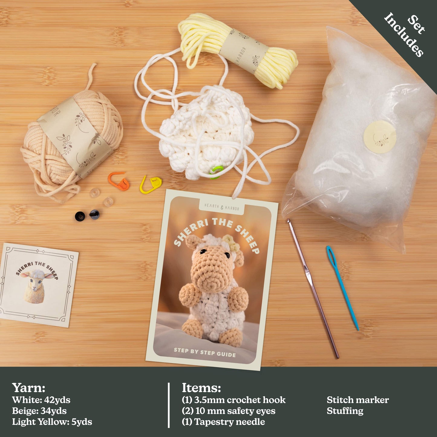 Complete crochet kit contents for Hearth & Harbor Farmhouse Crochet Kit – includes beginner-friendly yarn, crochet hook, safety eyes, pattern guide, and stuffing