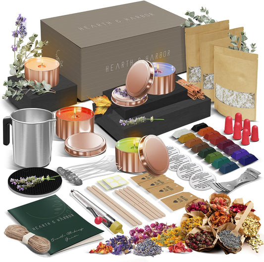 Hearth & Harbor Soy Candle Making Kit - Natural Soy Wax, Tins, Melting Pot, Cotton Wicks, Metal Centering Tool, and More - Multi