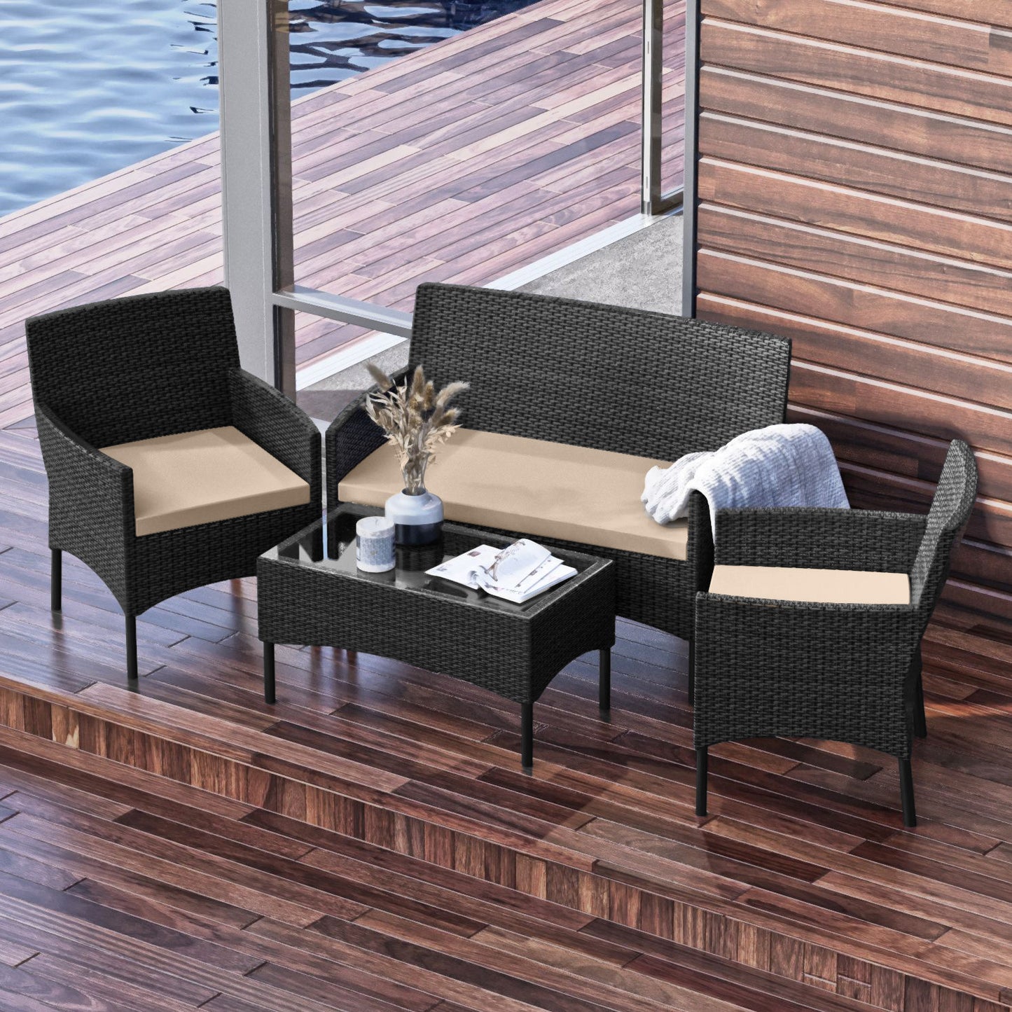 4 Piece Patio Furniture Wicker Conversation Set