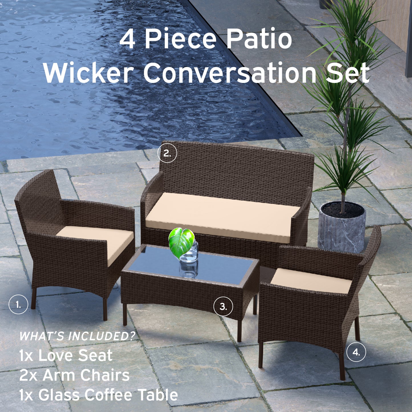 4 Piece Patio Furniture Wicker Conversation Set