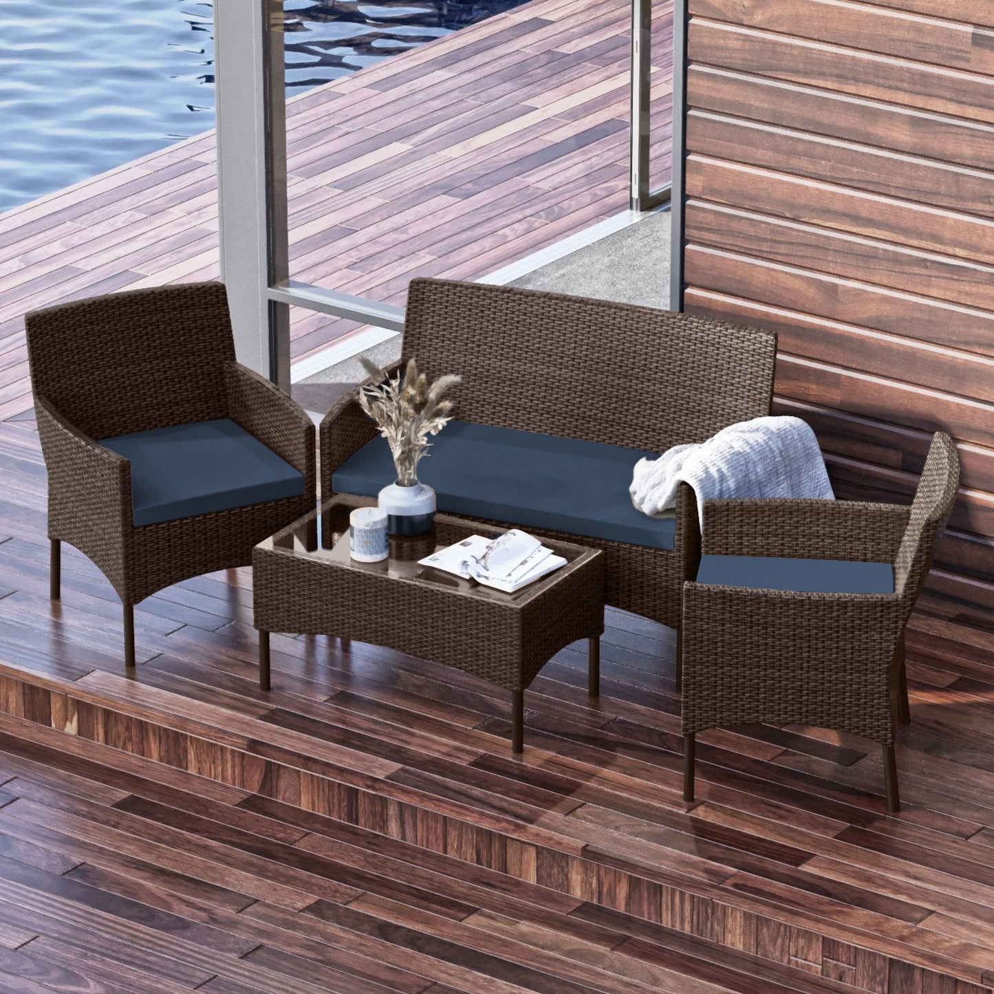 4 Piece Patio Furniture Wicker Conversation Set