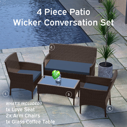 4 Piece Patio Furniture Wicker Conversation Set